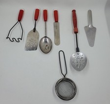 TUP4 Vtg Child Kitchen Utensils Toy Playset Lot Of 7, Some Red Handled
