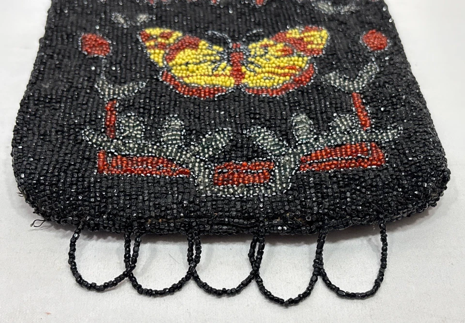 Старинный микро бисером сумочки вечер сумка бабочка на петлях рамка ар-нуво бахрома - Изображение 3 из 4