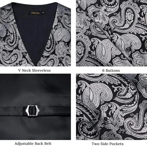 Mens Vest and Tie Set Formal Paisley X-Large Black and Silver Paisley - Image 4 of 4