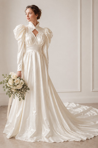 Vintage 1980s Wedding Gown Ivory Satin Cathedral Train Puff sleeves Bridal Dress