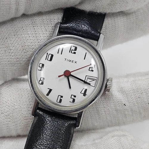 Vintage Timex Watch Women 24mm Silver Tone Date Retro Dial Manual Wind 1970s