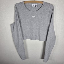 Adidas Originals Essentials Ribbed Crop Size XL Long Sleeve Gray Logo Cropped