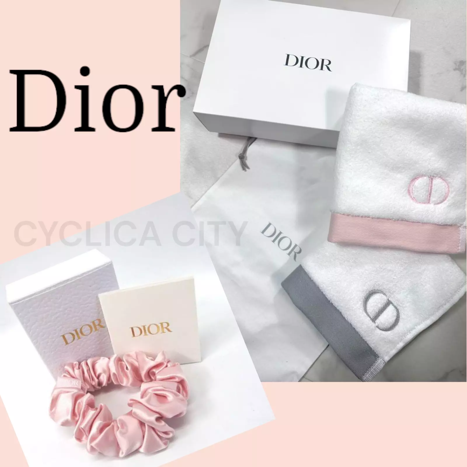 Ensemble serviettes et cordons de serrage Dior et cravate cheveux roses Scrunchie Chouchou avec boîte