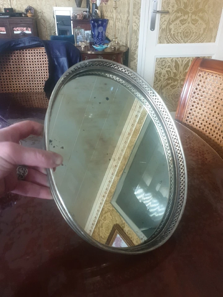 Ancien Plateau Miroir Métal Argenté Gallerie  Style Louis XVI - Photo 3/4