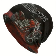 Funky Retro Motorcycle Design Beanie - Soft, Stretchable Polyester Blend Cap for