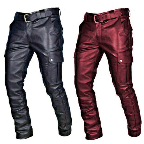 Men's PU Leather Pant Jeans Steampunk Gothic Retro Motorbike Pants Long Trousers - Picture 1 of 14