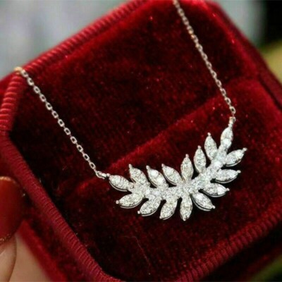 3Ct Round Cut VVS1 Diamond Leaf Shape Pendant 14K White Gold Over 18'' Free Chain
