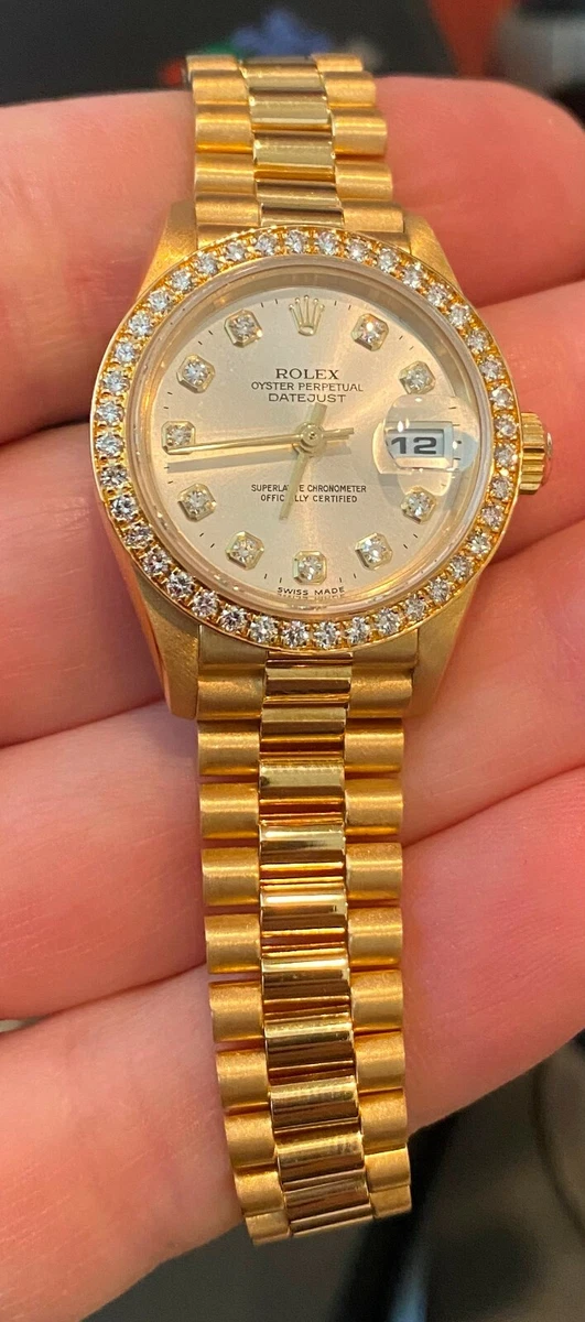 Rolex 18K GOLD LADIES Oyster PRESIDENT 79138 Silver Diamond Dial Bezel 26MM |