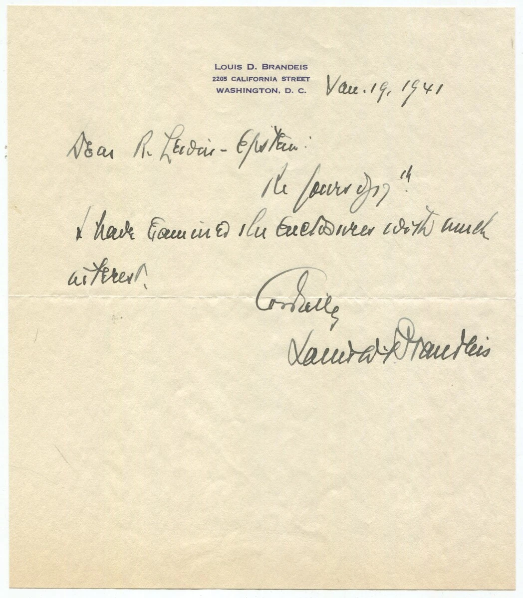 1941 Supreme Court Justice Louis Brandeis Autograph Letter Signed