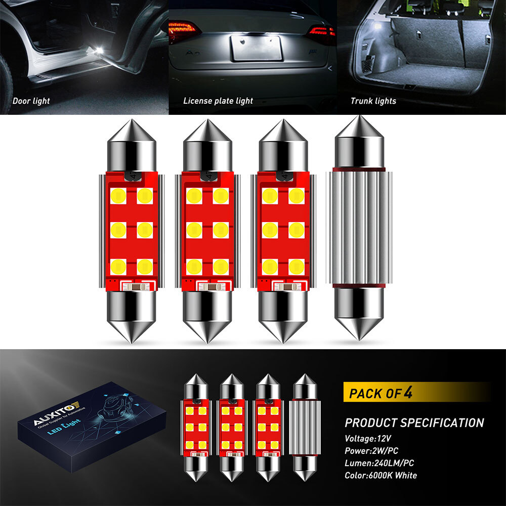 4x Auxito LED Courtesy Lamps Dome 578 211-2 41/42MM Trunk Map White Canbus Light