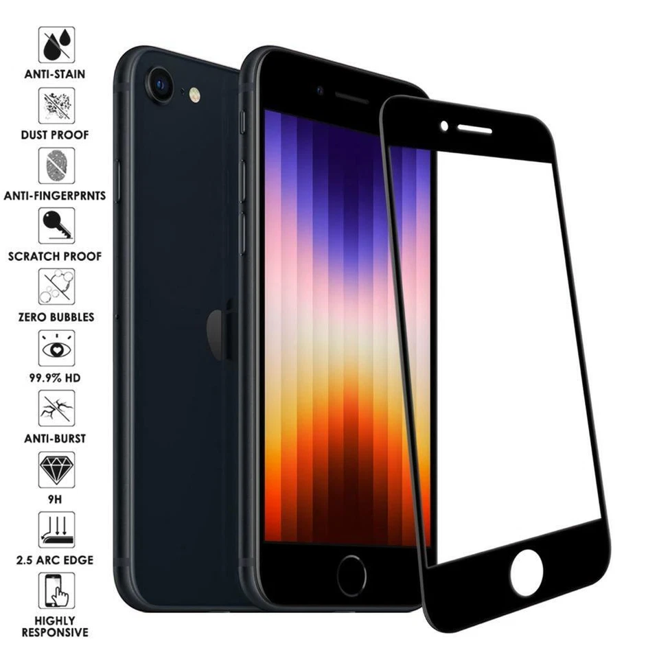 For iPhone SE 2022 2020 7 8 Full Coverage Tempered Glass Screen Protector Cover - Image 2 of 4