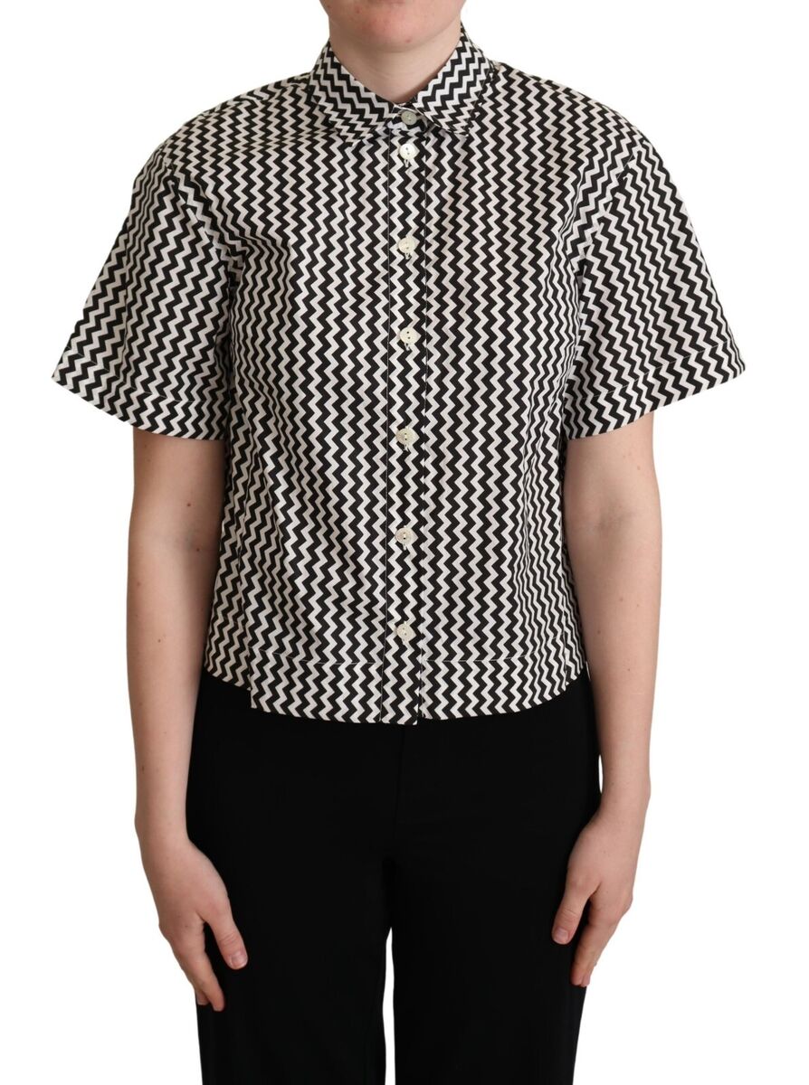 DOLCE & GABBANA Top Cotton Black White Zigzag Collar Shirt DOLCE & GABBANA Top Cotton Black White Zigzag Collar Shirt
