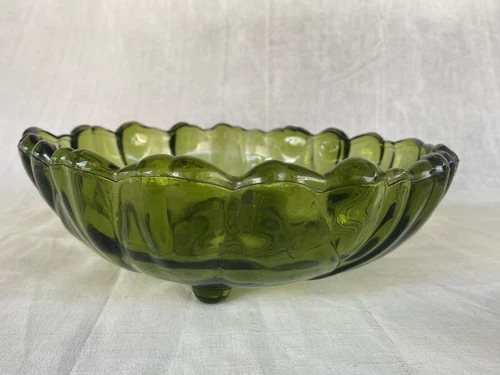 Vintage Depression Glass Scalloped Large Bowl Footed Emerald Avocado Green