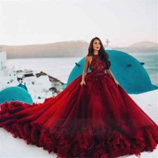 Red Wedding Dresses Ball Gown Puff Sleeveless Halter Neck Appliques Bridal Gowns