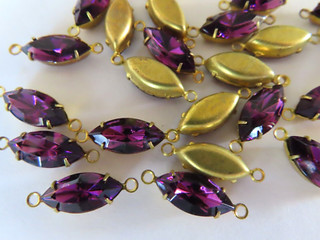 24 Swarovski Navette Rhinestones 2 loop brass settings 15x7mm Amethyst. #4200