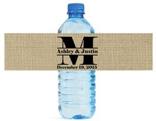 100 Burlap Monogram Wedding Water Bottle Labels Anniversary Bridal Shower Party