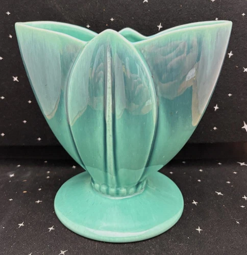 Vintage Royal Haeger Teal Vase Tulip Pattern 7"x7"x2" USA Ceramic