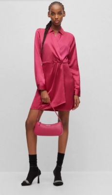 pink satin wrap dress Raffie | PINK Long-Sleeve Midi Dress With Satin Wrap Skirt
