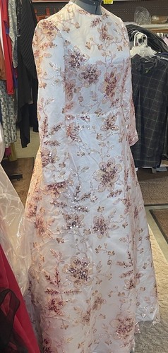 Pink FLORAL Sequence  LONG SLEEVE High Round Neck GOWN Size L, Handmade. - Picture 2 of 11
