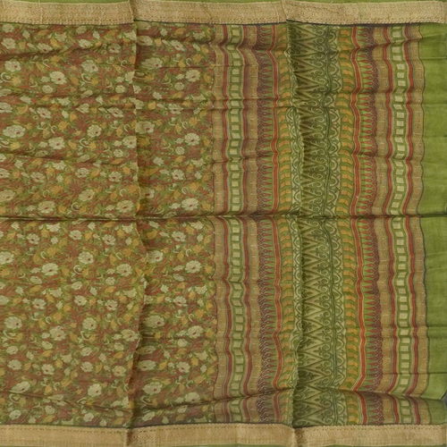 Namaste Vintage Green Sarees 100% Pure Silk Floral Printed Sari 5YD Craft Fabric - Picture 2 of 6