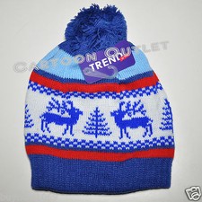 KIDS BEANIE HAT DEER DESIGN WARM KNIT STOCKING STUFFER GIFT BOYS GIRLS BLUE LT