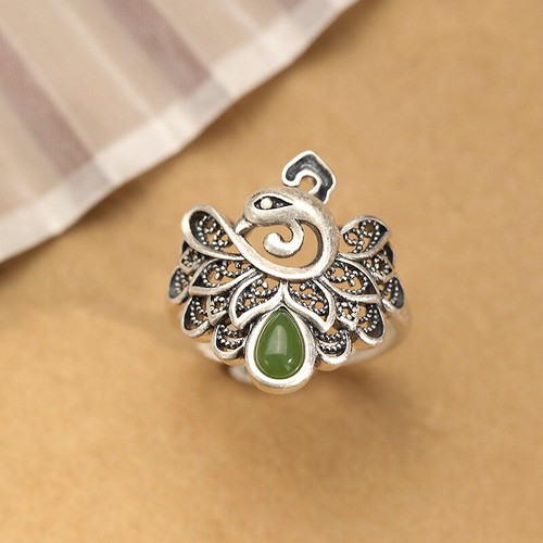 I02 Anello Fenice Creature Mitiche con Verde Giada Argento 925 Tgl 17 - 19 MM