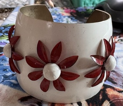 3 Enamel 70s Wide Bracelet Cuff  - Red and White