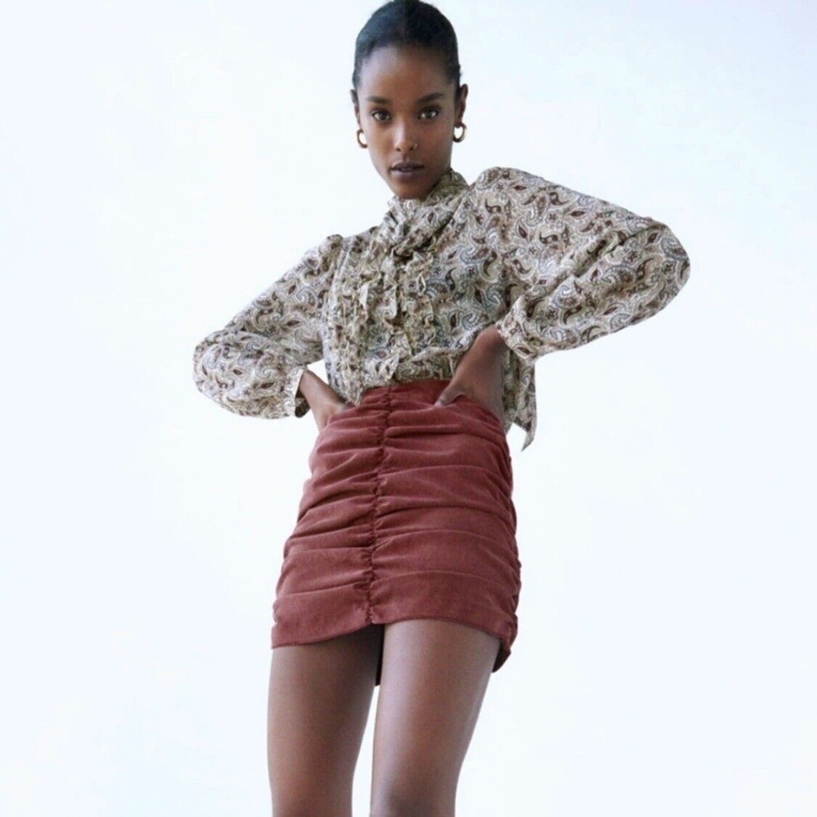 Zara Draped Ruched Corduroy Mini Skirt Dusty Rose Blush Color Size XS thumbnail 2