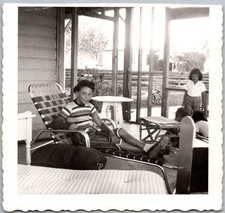 Vtg Snapshot Girl in Striped Shirt On Lawn Chair Screened Porch 1950s