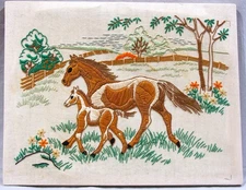 Vintage Crewel Embroidery Handmade Artwork Mare & Foal Nature Horses 14x18 MCM