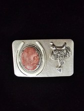 Vintage Silver Tone belt buckle rhodochrosite stone and a saddle design