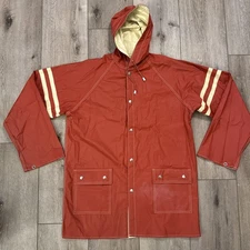Vintage PVC Sportsman Red Tan Lines Full Button  Raincoat Rain Jacket Large #840