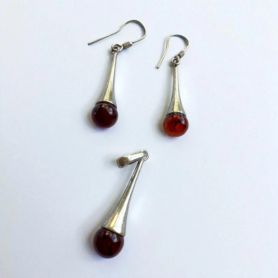 Hermoso juego de pendientes y colgantes de plata de ley 925 con marca y ámbar  Foto 2 de 4