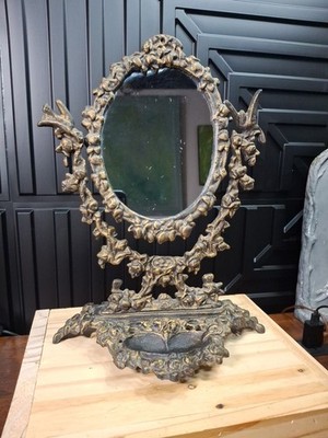 Art Nouveau Ornate Bronzed Cast Metal Vanity Dresser Swivel Mirror/Trinket Tray