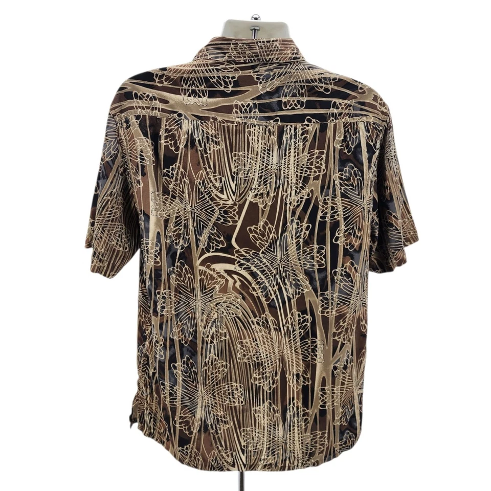 Axis LA Mens Medium Shirt Silk Hawaiian Floral Tan Brown Black Tropical Party - Image 3 of 4