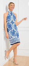 Talbots Halter Shift Dress Size 4 Blue White Elegant Medallions Print Classy NWT
