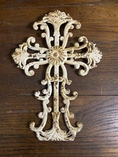 Shabby Chic Cast Iron Hanging Wall Cross Decor Cream Off White Distressed Finish