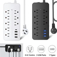 US Wall Mountable Surge Protector Power Strip with 8 Outlet Plugs  4 USB Ports