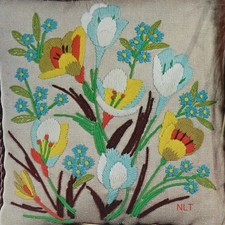Vintage Crewel Embroidery Kit Crocus Tulips Colorful Flowers Floral Pillow