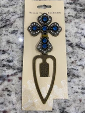 Vtg Bookmark Bronze Cross Blue Crystal Metal