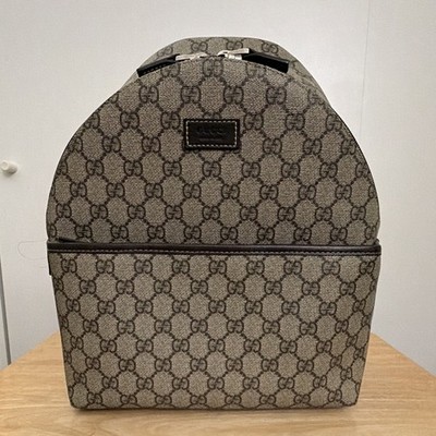 Gucci GG Monogram Beige Brown Backpack Zip Closure Silver Hardware Inner Pockets