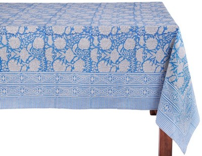 ATOSII Azora Blue 100% Cotton Rectangle Floral Tablecloth 72 x 140 in, 12 Seater