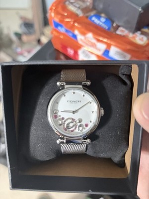 Coach Silver Mesh Band Analog Wristwatch White Dial Mineral Crystal with Box
