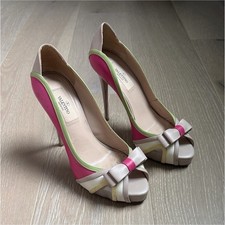Valentino Garavani Bow Open Toe Pumps Pink Beige Green Leather Women's EU 37