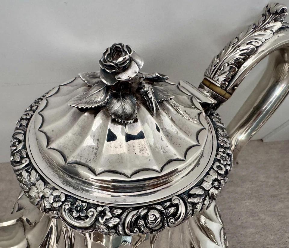 FINO JUEGO DE CAFÉ DE TÉ GEORGIANO INGLÉS ROSA ESTERLINA 4 PIEZAS EMES & BARNARD 1823 Foto 4 de 4