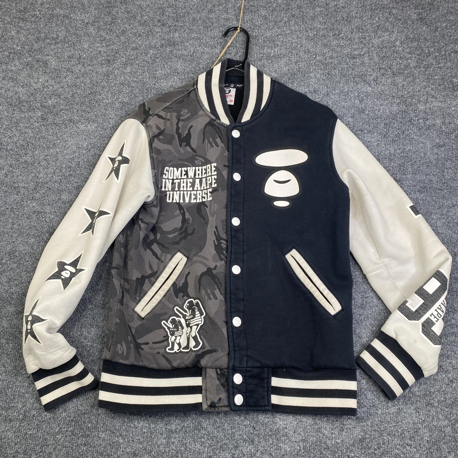 AAPE By A Bathing Ape Jacket Mens Medium Black Camo Varsity Letterman Bomber image 1
