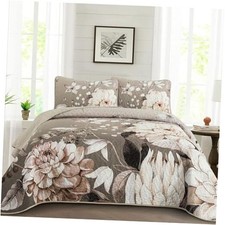 Floral Quilt Size - 3 Pieces Brown Quilt Botanical Bedspread Queen Brown 2