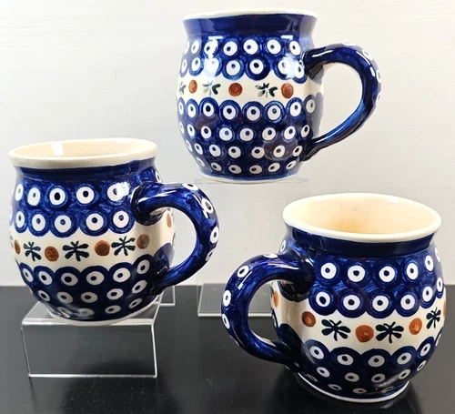 3 Boleslawiec Polish Pottery Barrel Mug Set Blue Brown Dot Coffee Cup Poland Lot