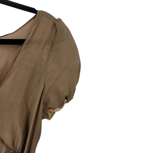 Vintage Brown Midi Peasant Dress Sz XL Silk Puff Sleeve Lettuce Ruffle Baby Doll - Picture 8 of 18