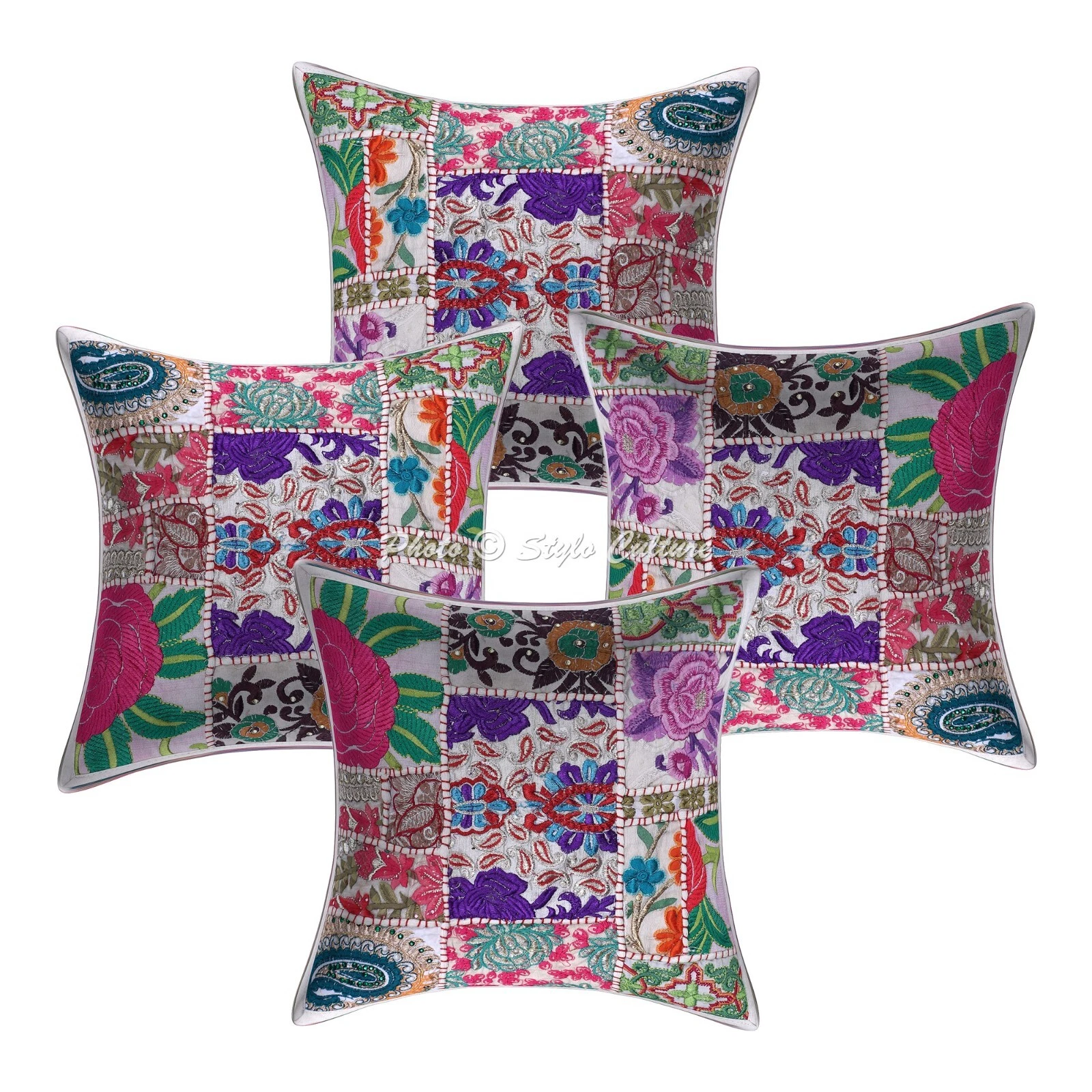 White Cushion Cover Vintage Gypsy Handmade Patchwork Tribal Ethnic Hippie Pillow